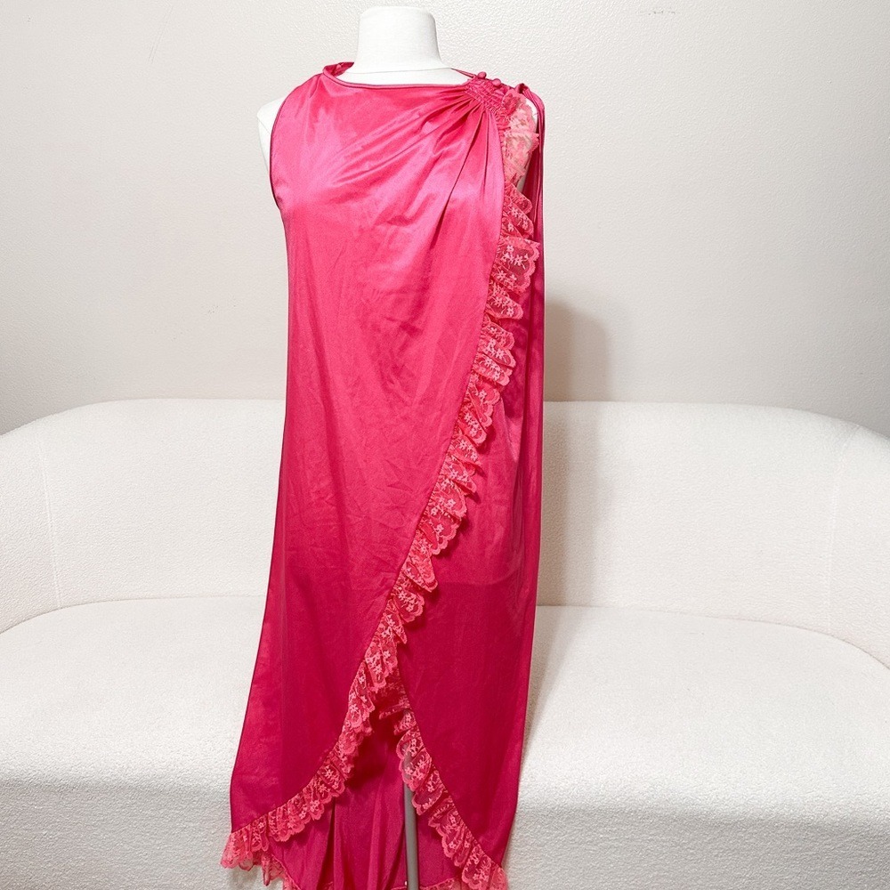 Vtg 80s Fuchsia Pink Satin Lace Maxi Dress Draped Smocked Shoulder Prom Gown